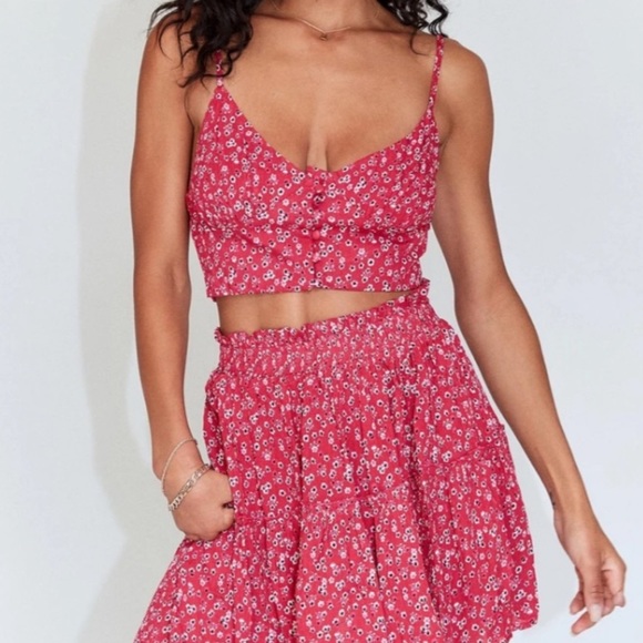 Princess Polly red floral print matching two piece set crop top
